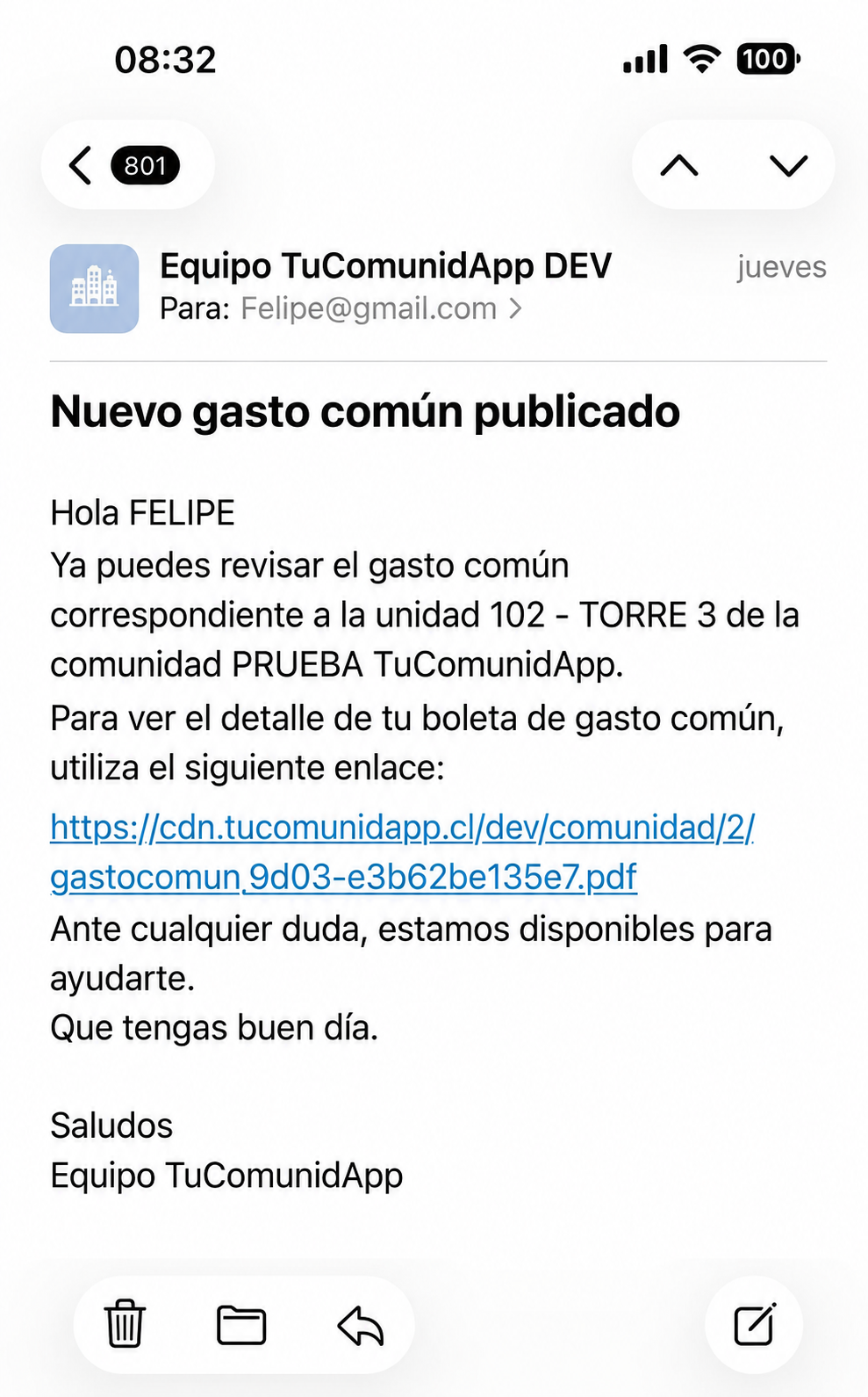 Correo de gasto común enviado por TuComunidApp