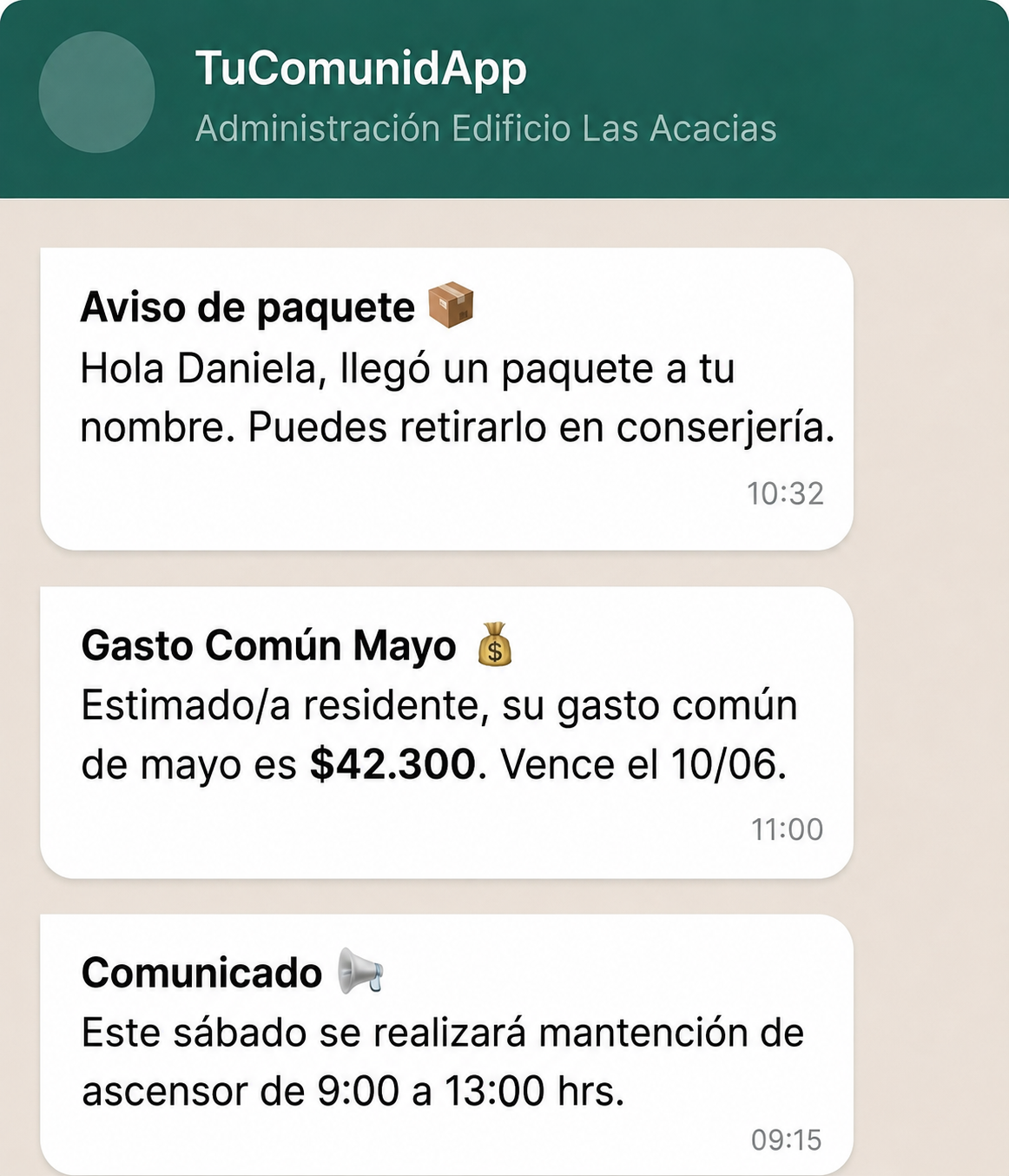 Mensajes de whatsapp enviados por TuComunidApp